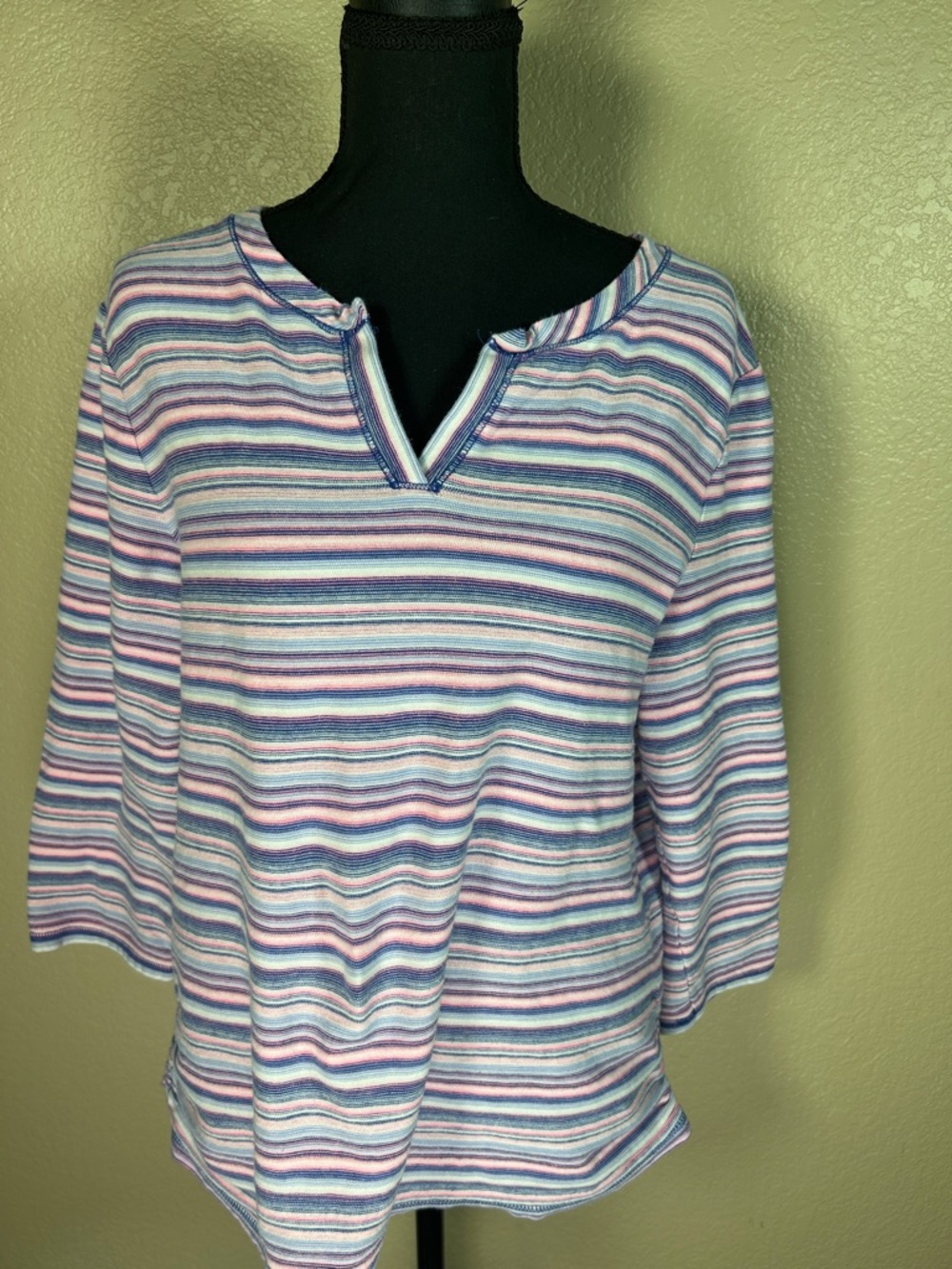 Talbots Striped 3/4 Sleeve Top Size L Pink Purple Blue Cotton Blend